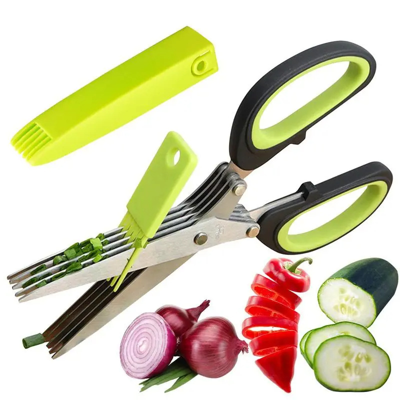 Multi-functional Stainless Steel 5 Layers Kitchen Scissors Pepper Shredded Chopped Scallion Cutter Laver Cut Cooking Tool