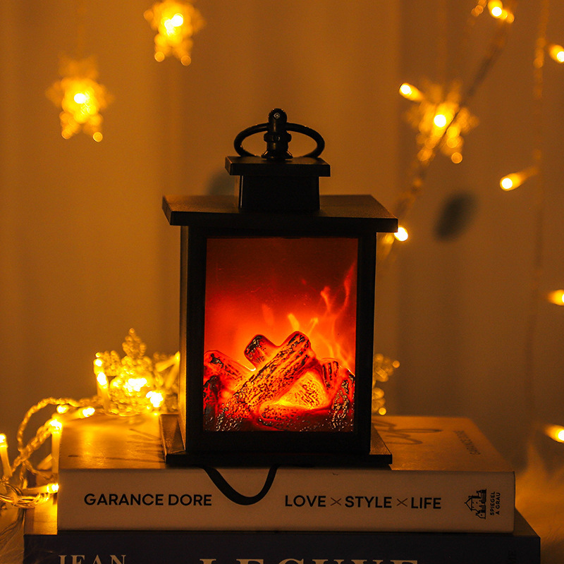 Tabletop Flameless LED Fireplace Lantern Night Light with Log Fire Effect for Garden Decorative Lighting