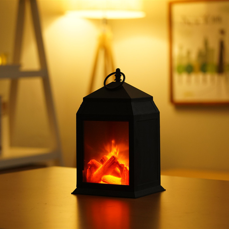 Tabletop Flameless LED Fireplace Lantern Night Light with Log Fire Effect for Garden Decorative Lighting