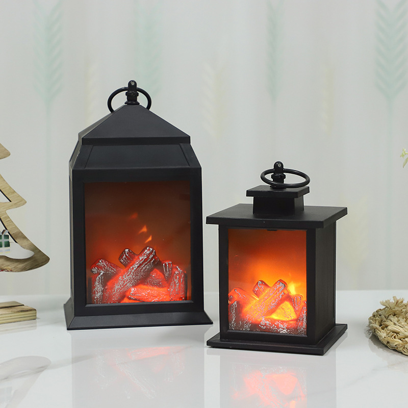 Tabletop Flameless LED Fireplace Lantern Night Light with Log Fire Effect for Garden Decorative Lighting