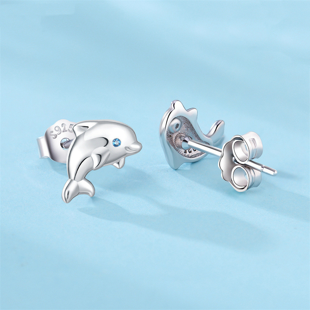 Fashionable marine animal jewelry 925 sterling silver cute little dolphin stud earrings