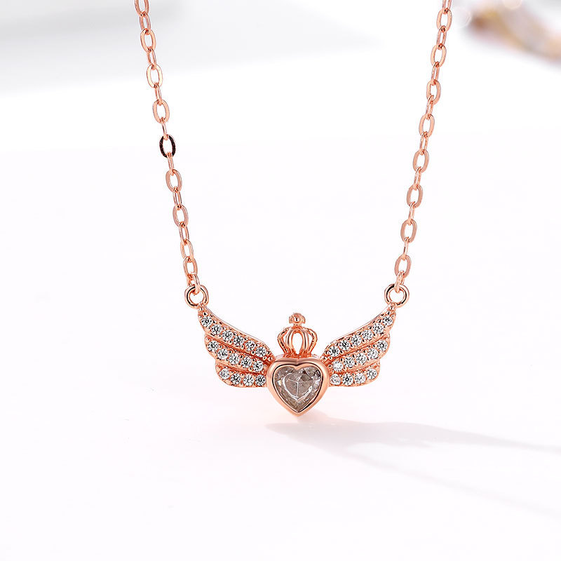 Hot selling fine jewelry 925 sterling silver crown love heart angel wing pendant women's necklace