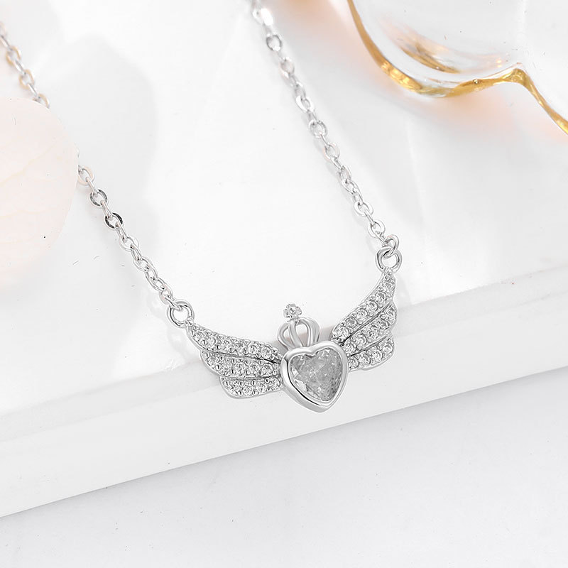 Hot selling fine jewelry 925 sterling silver crown love heart angel wing pendant women's necklace