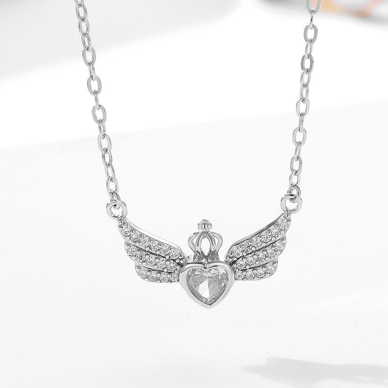 Hot selling fine jewelry 925 sterling silver crown love heart angel wing pendant women's necklace