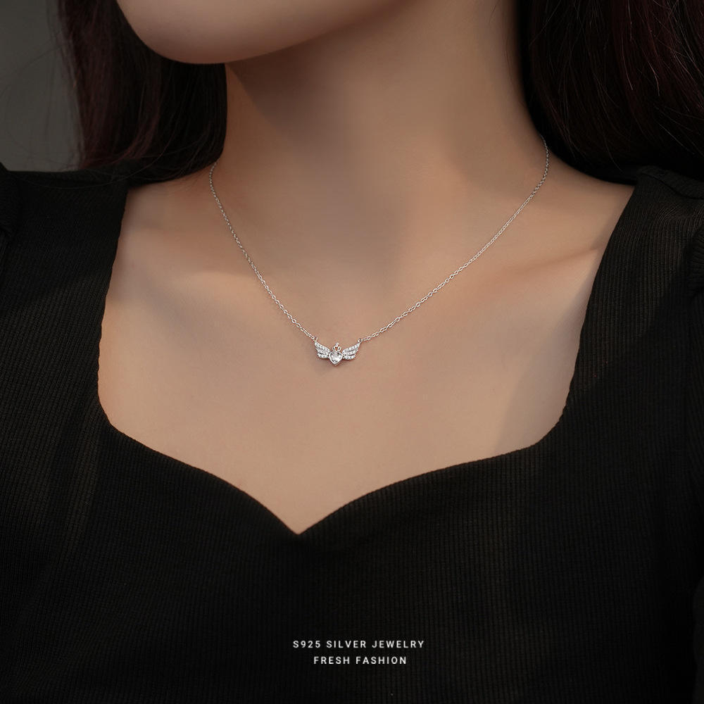 Hot selling fine jewelry 925 sterling silver crown love heart angel wing pendant women's necklace