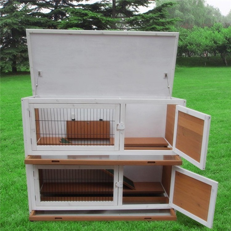 Two Layer Wooden Rabbit Hutch Open Roof Adjustable Feet Pet Cat Cages Houses Product Custom Litter Animal Rabbit Cage