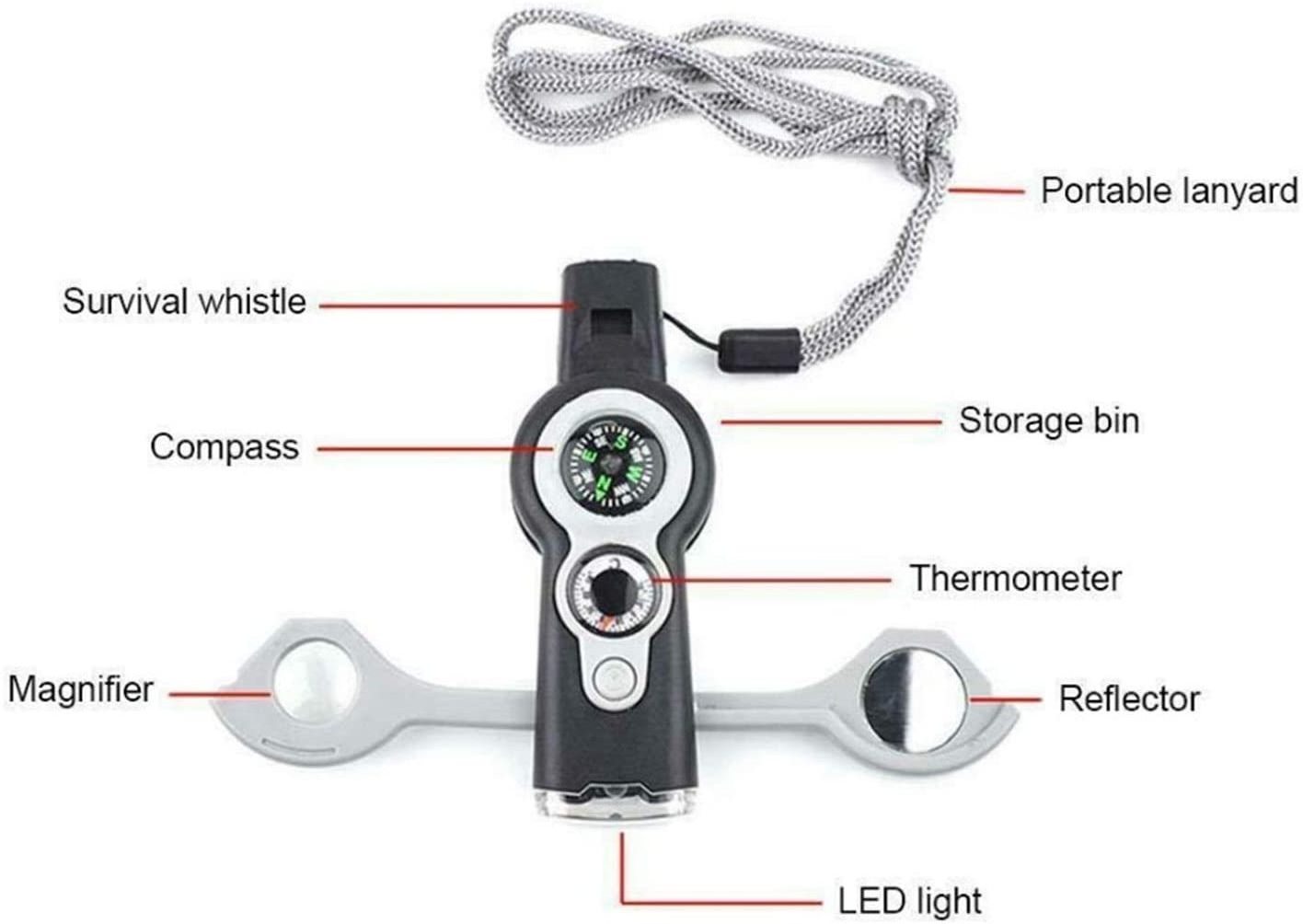 Multifunctional compass outdoor mirror thermometer glass 7 in 1 Electronic Whistle Survival led flashlight