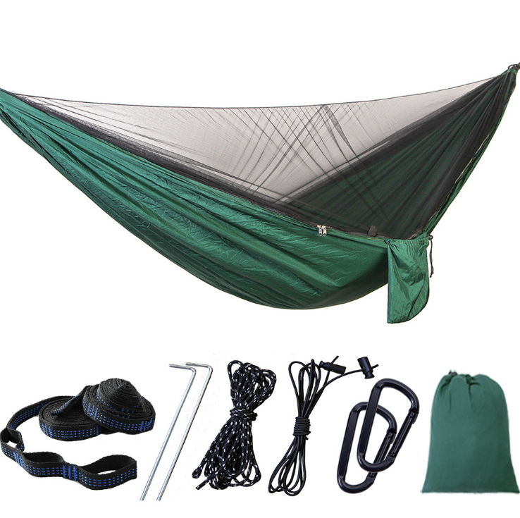 210T Nylon Camping Hammock with Mosquito Net Portable Outdoor Travel Hammock Green Parachute Pop Up Swing Net Hammock