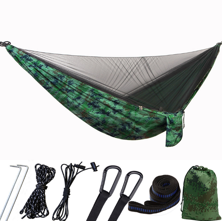 210T Nylon Camping Hammock with Mosquito Net Portable Outdoor Travel Hammock Green Parachute Pop Up Swing Net Hammock