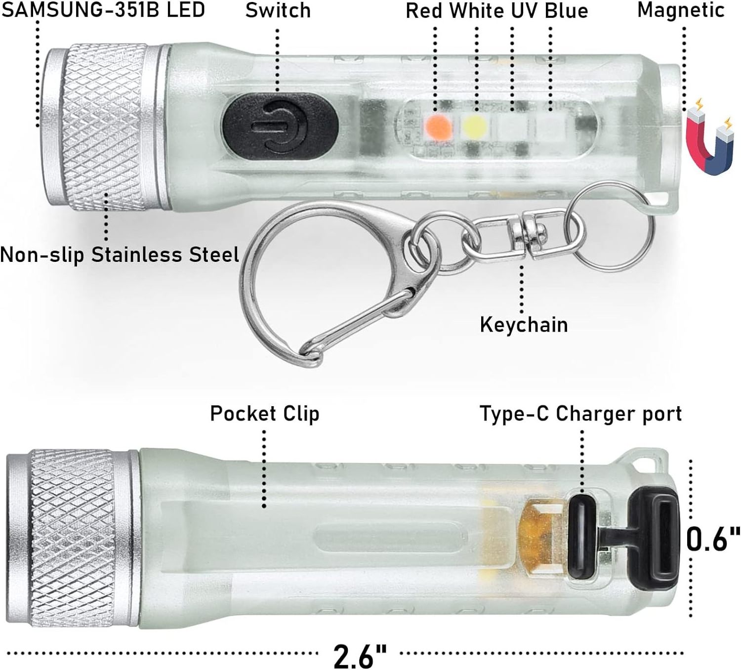 Mini Led Flashlight with USB Rechargeable Keychain Pocket Clip Flashlights EDC Small Tactical Handheld Flash Light with Magnetic