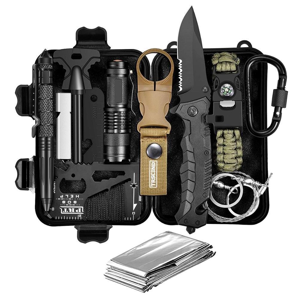 2020 Emergency Camping Survival Kit 13 in 1 - Knife, Fire Starter, Blankets, Bracelet for Hiking