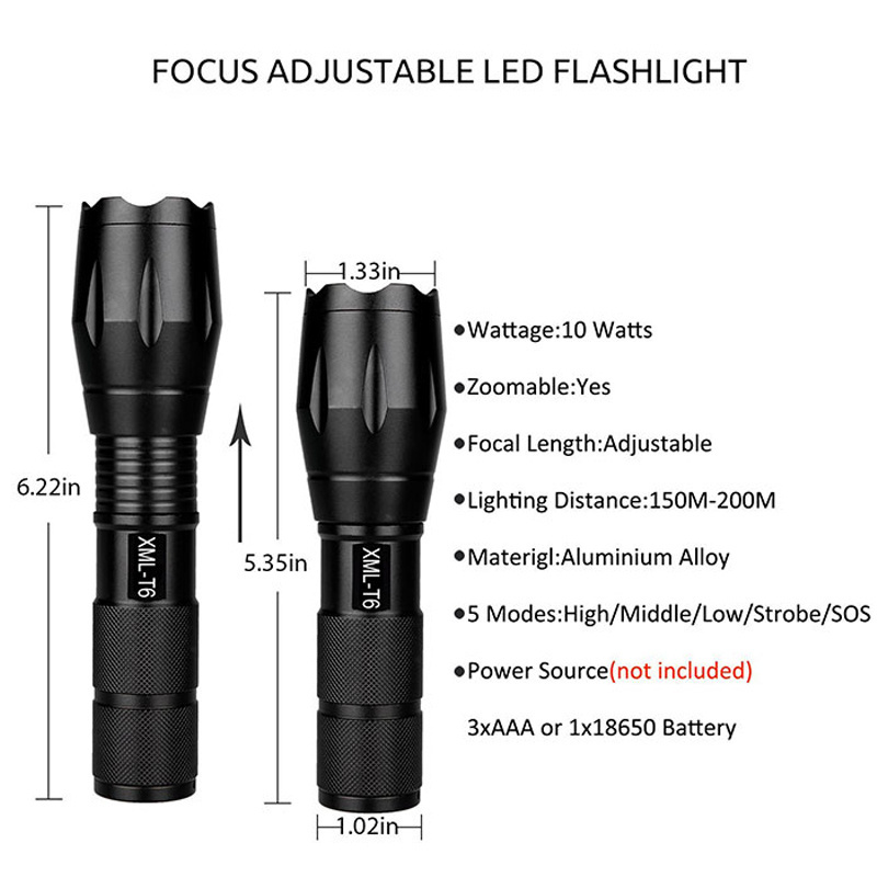 Waterproof LED Zoomable 1000 Lumen 18650 T6 Tactical Flashlight for wholesale