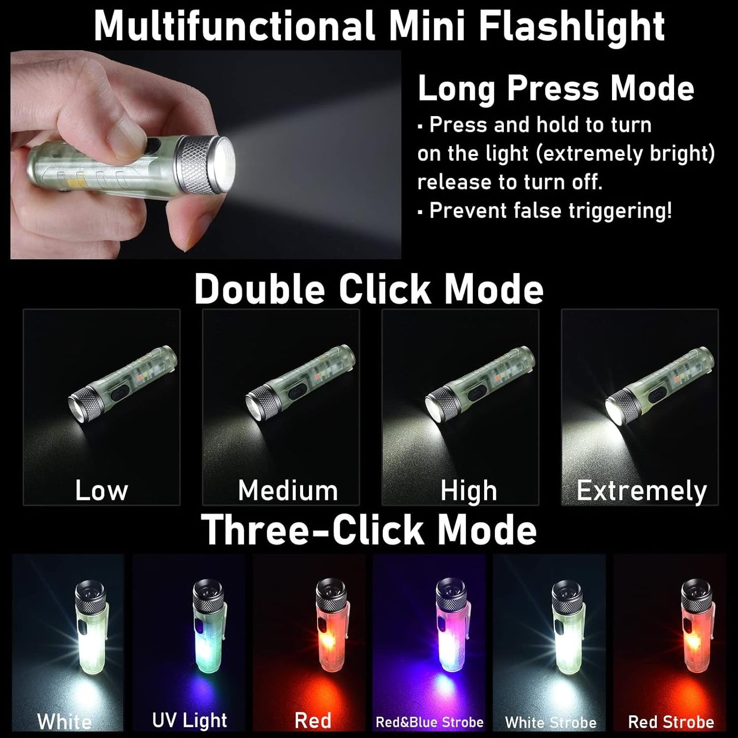 Mini Led Flashlight with USB Rechargeable Keychain Pocket Clip Flashlights EDC Small Tactical Handheld Flash Light with Magnetic