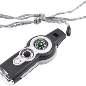 Multifunctional compass outdoor mirror thermometer glass 7 in 1 Electronic Whistle Survival led flashlight