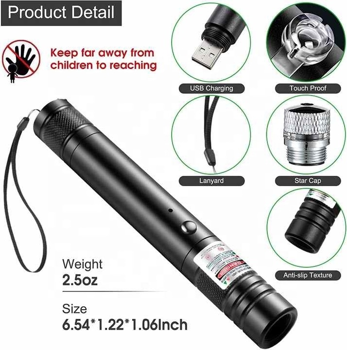 Green Laser Pointer 2000 Meter Long Range High Power Flashlight Rechargeable Pointer for USB with Star head Adjustable Focus