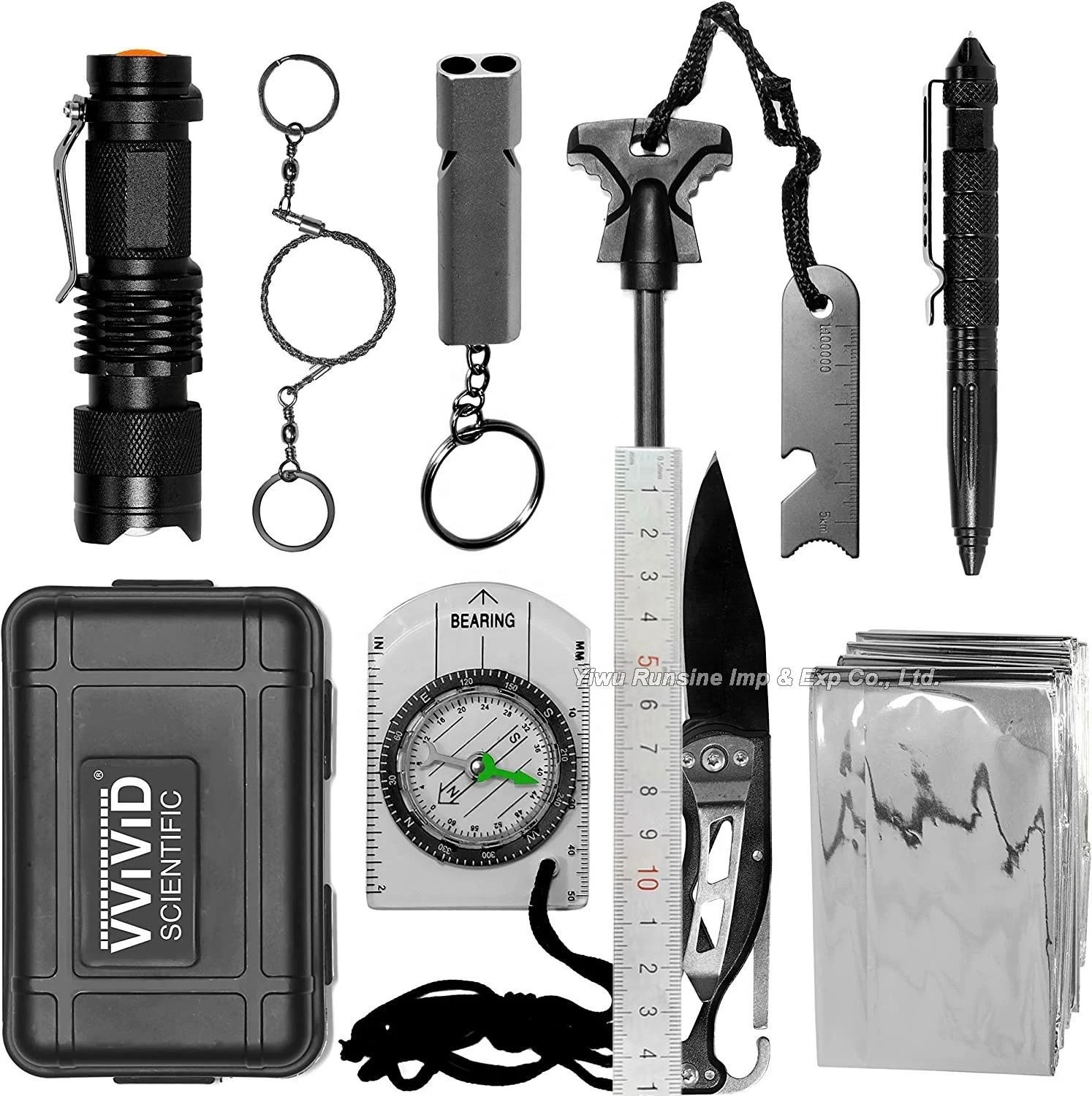 10 in 1 Emergency Tactical Gear Survival Kit Knife Blanket Compass Fire Starter Flashlight Outdoor Camping Hiking Adventure