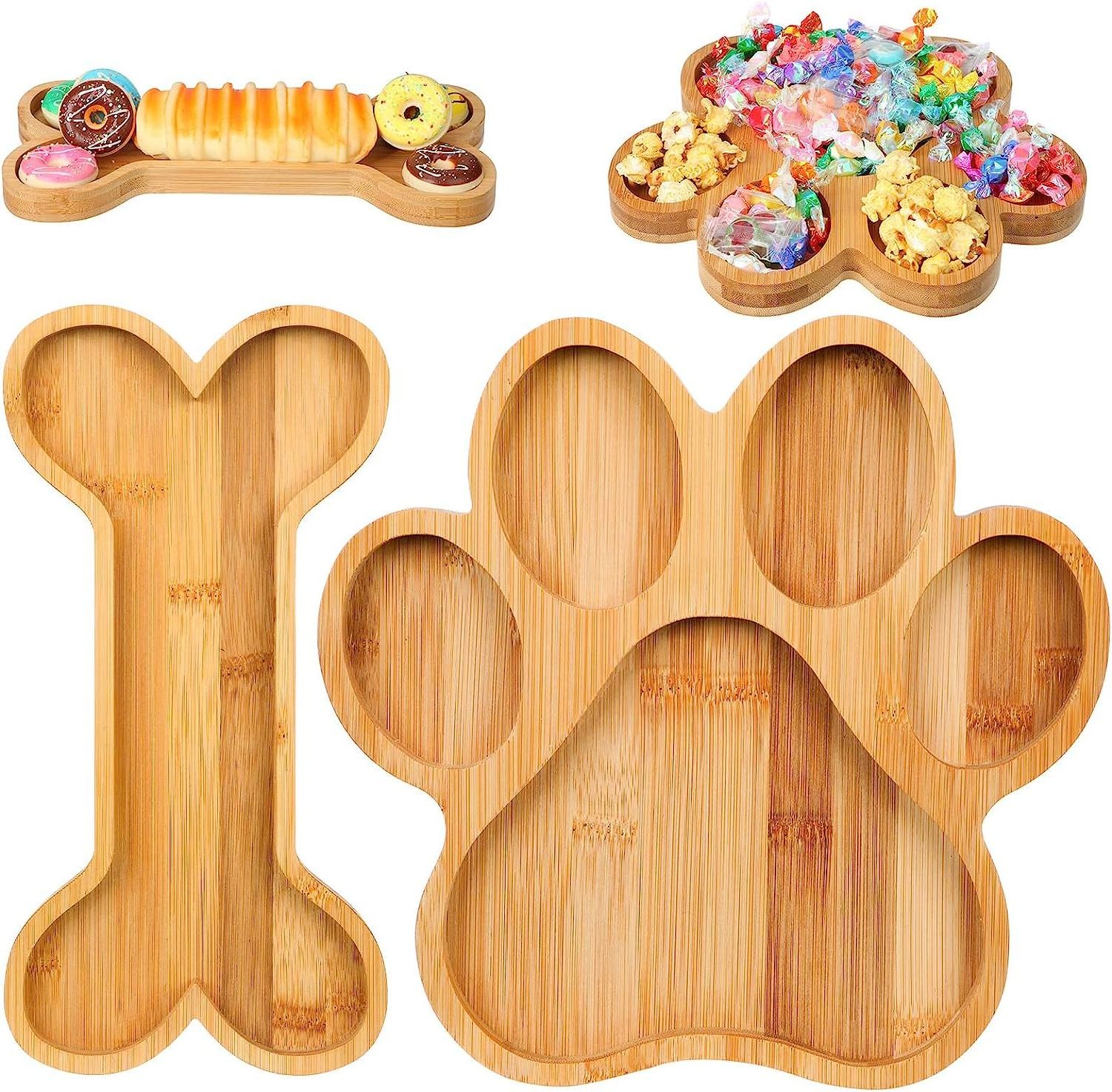 paw dog birthday sets Bone shaped bamboo charcuterie board Chinese new year candy tray small bamboo serving tray set