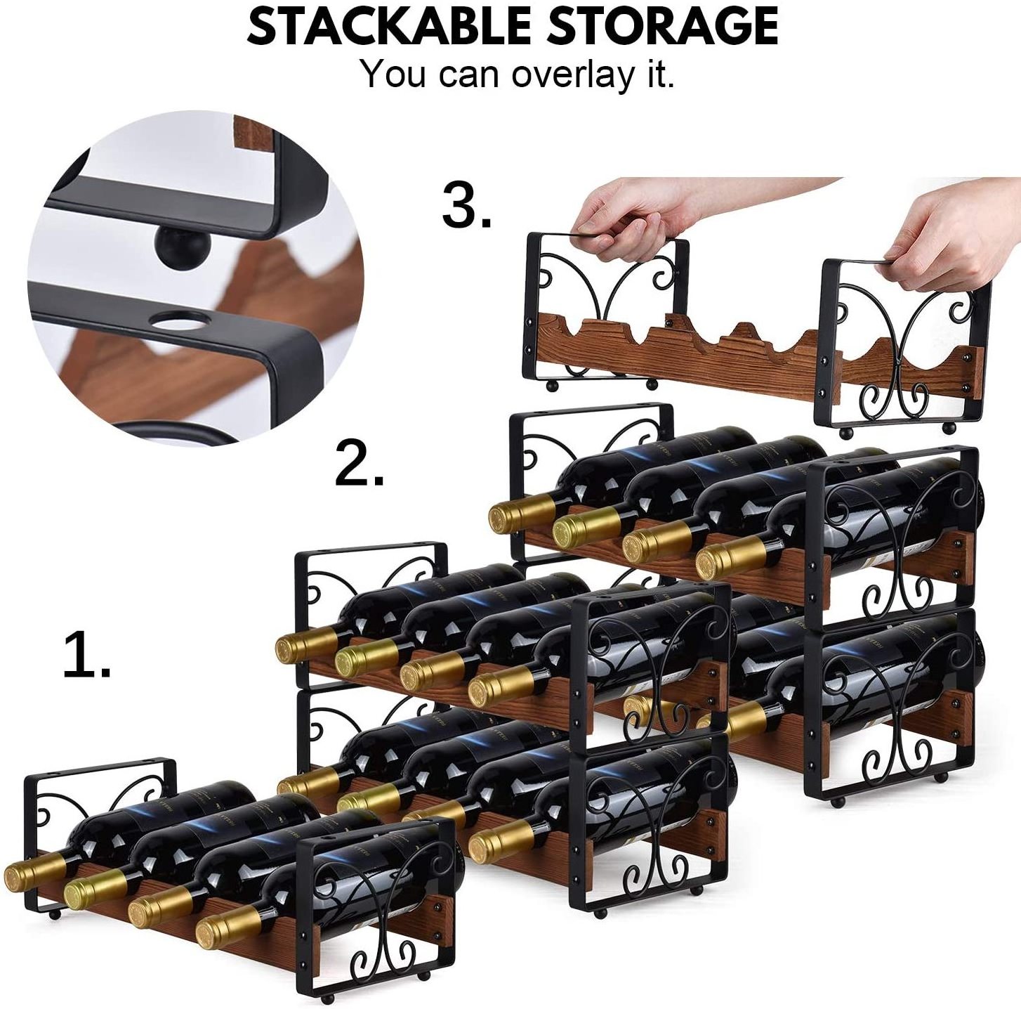 12 bottles stackable wine rack independent 3-layer storage rack table wine rack solid wood and iron