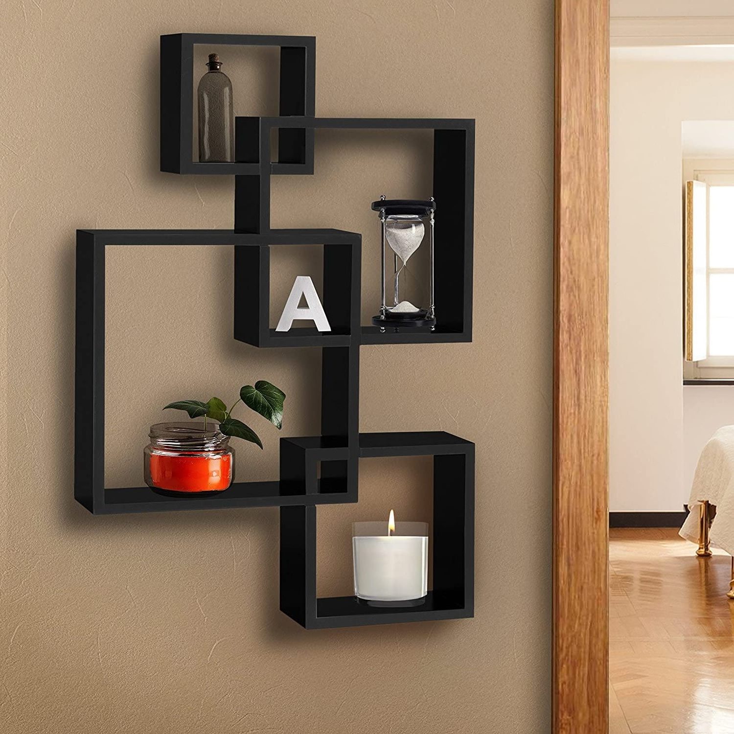 custom Decorative Square Shelf Set Wall Mounted Floating Shelves 4 Cube Intersecting wooden Storage Shelves for Bedroom ect