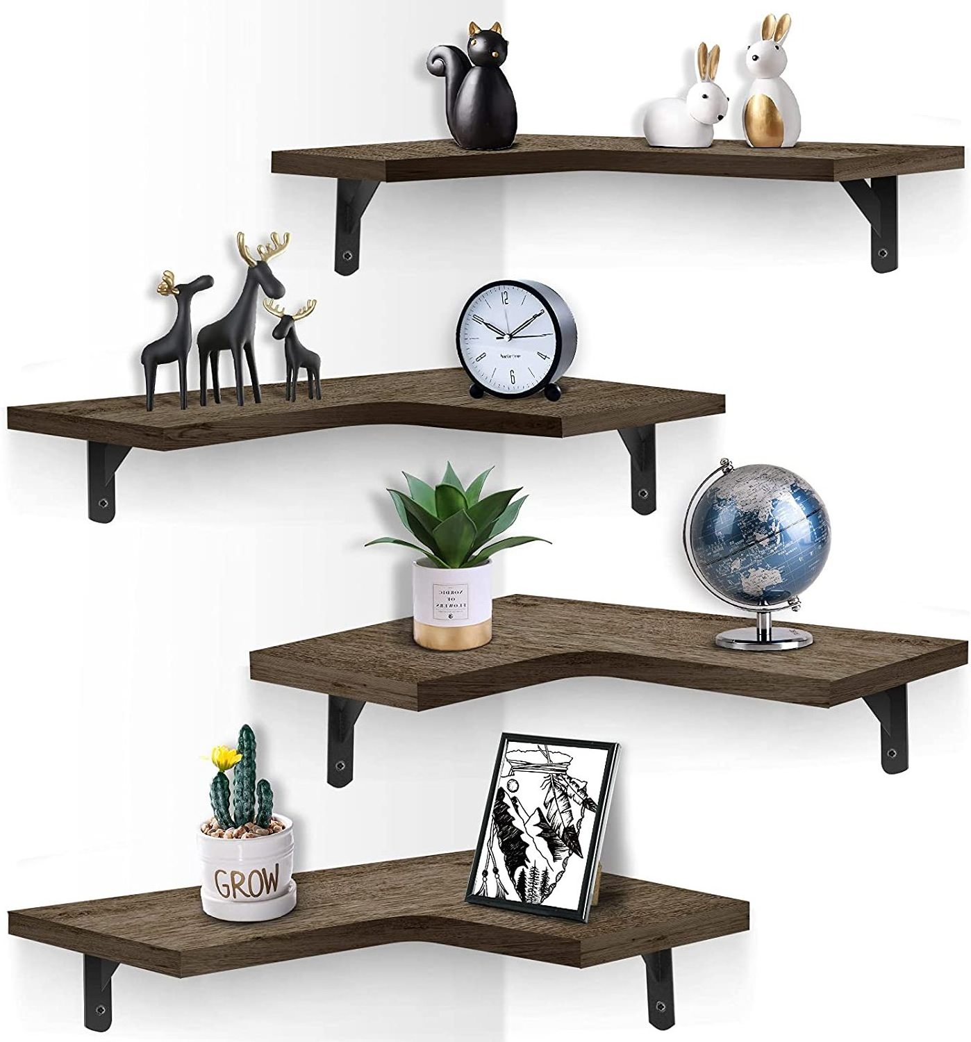 Rustic home decor Floating metal and wood hanging shelf wall Mounted wooden 4 tier bathroom corner shelf