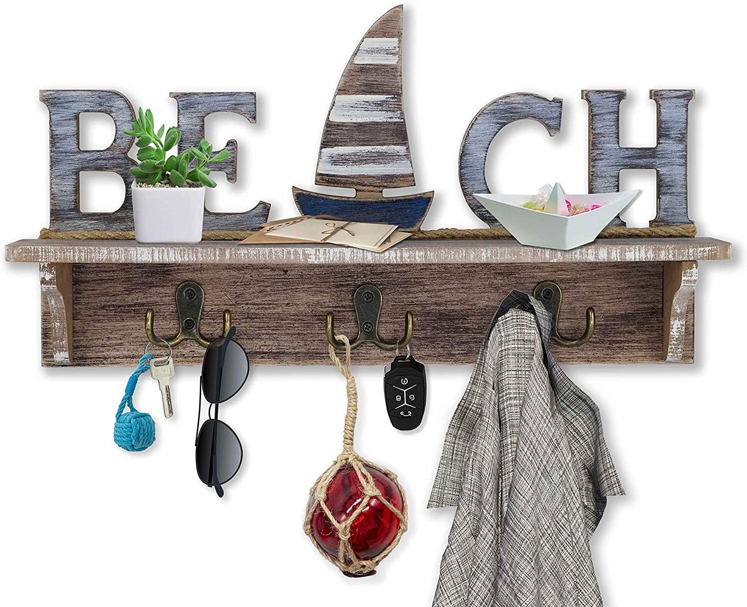 wooden Sign Key Holder for Wall Mounted Coat Rack with Shelf  Beach Decor Nautical Decor wooden Key Hook for Wall with Shelf