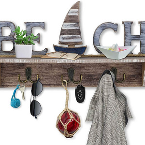 wooden Sign Key Holder for Wall Mounted Coat Rack with Shelf  Beach Decor Nautical Decor wooden Key Hook for Wall with Shelf