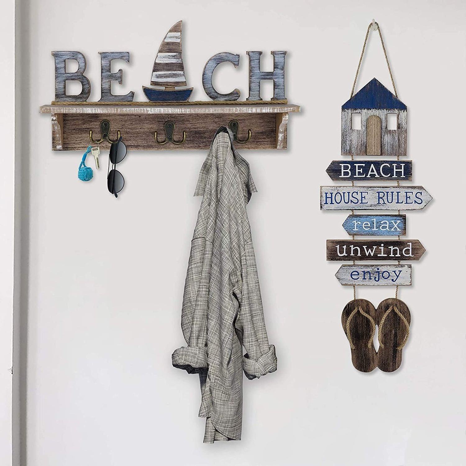 wooden Sign Key Holder for Wall Mounted Coat Rack with Shelf  Beach Decor Nautical Decor wooden Key Hook for Wall with Shelf