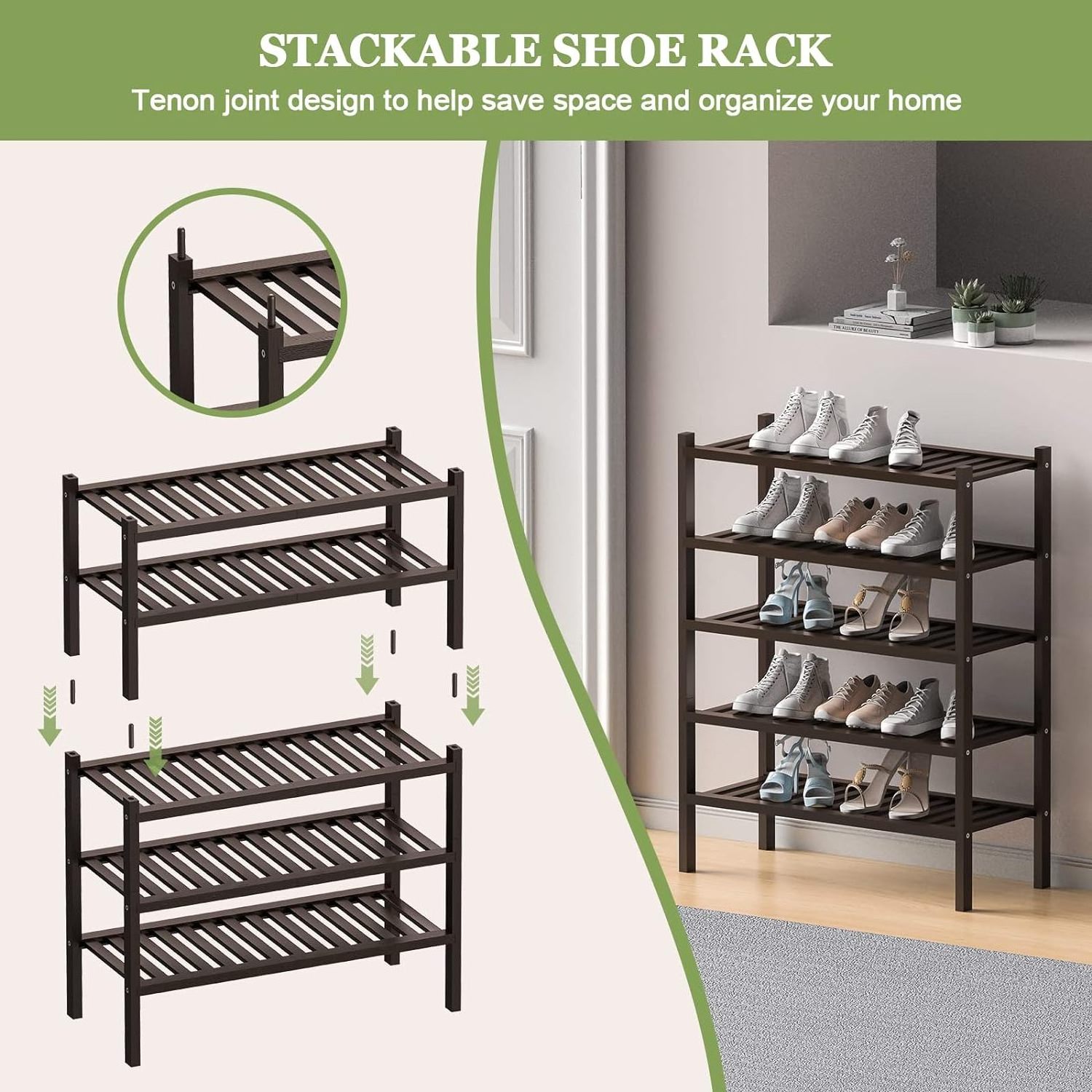 2 Tier (Thick) Bamboo Shoe Rack for Closet Free  Standing Wood Shoe Shelf wood shoe rack