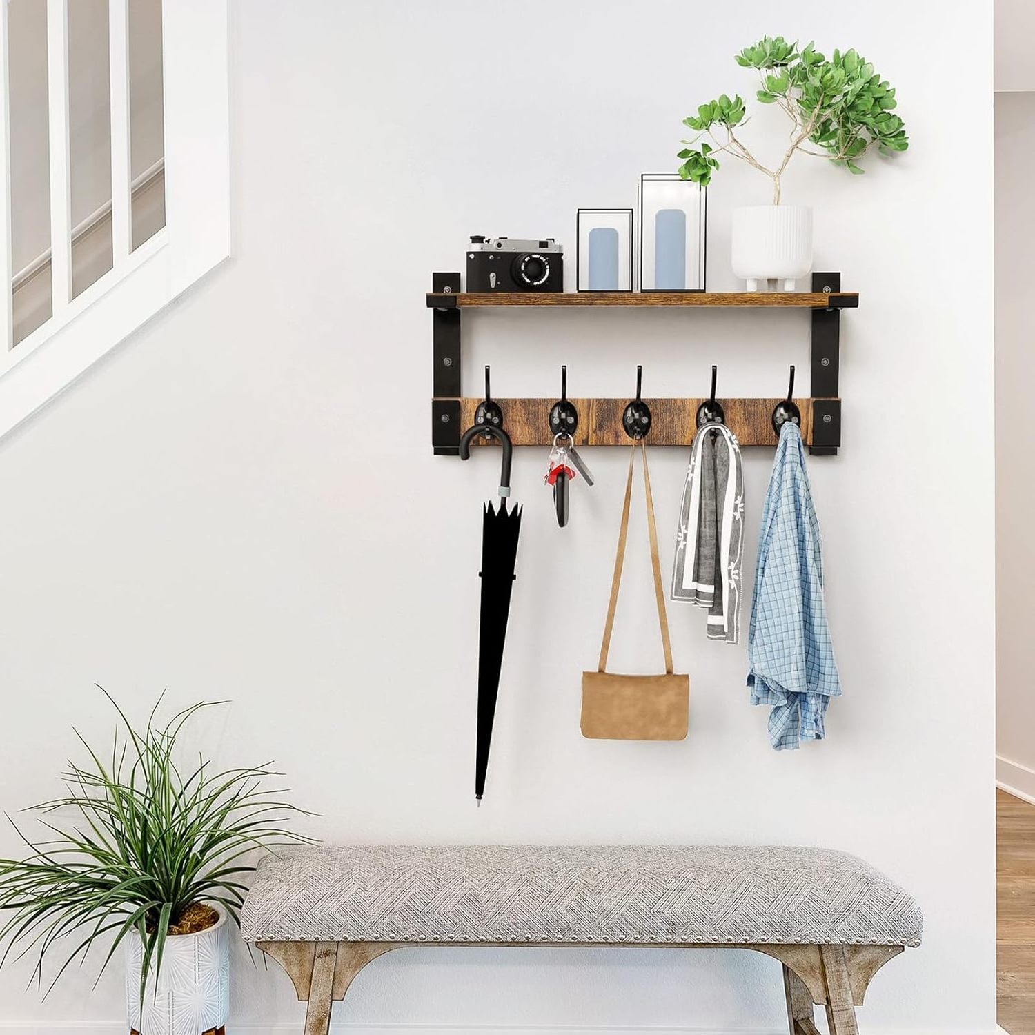 wood Wall Hooks with Coat Rack Mount Shelf with Hooks for Coat Backpack Key Clothes Hanger wooden Wall Floating Shelf Hanging