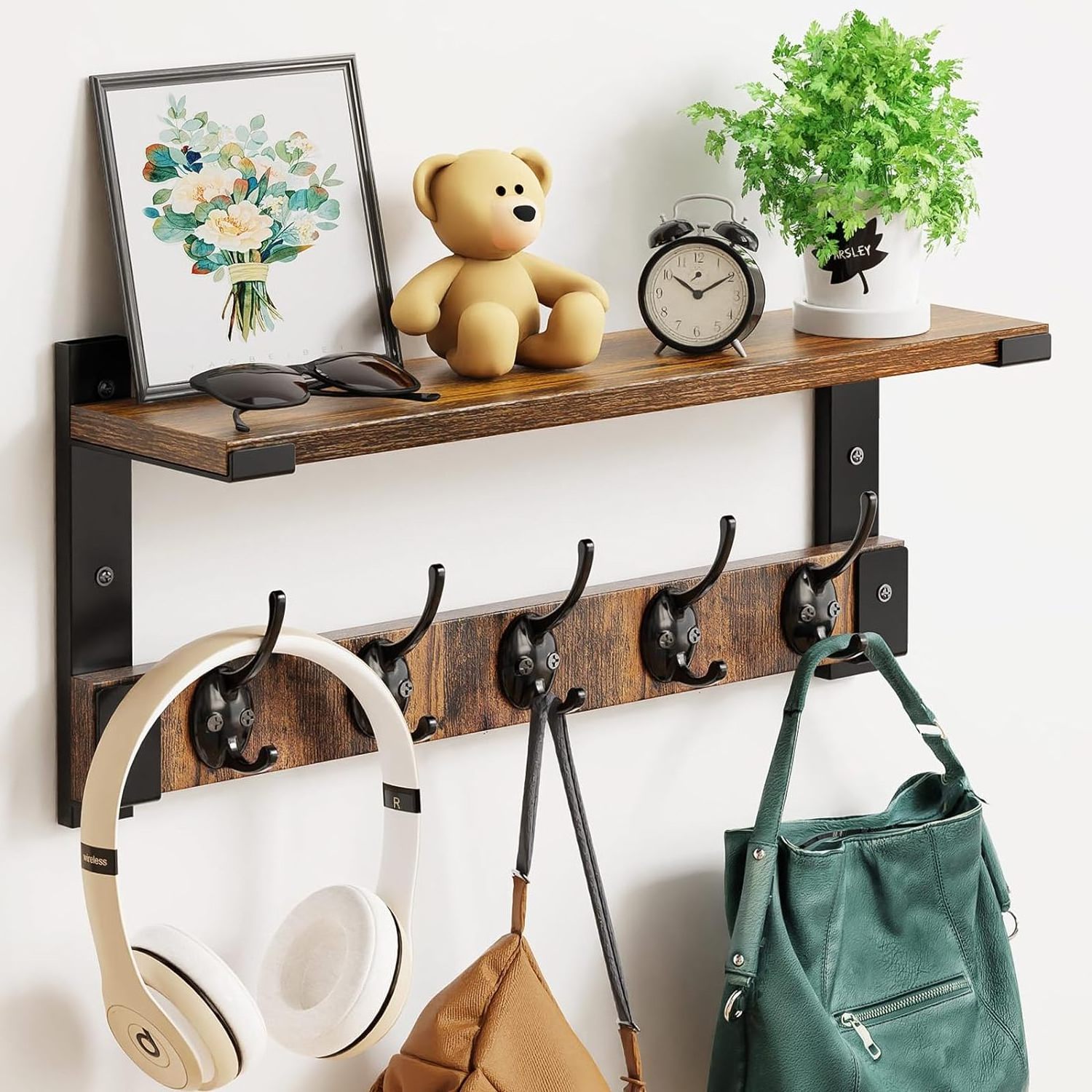 wood Wall Hooks with Coat Rack Mount Shelf with Hooks for Coat Backpack Key Clothes Hanger wooden Wall Floating Shelf Hanging