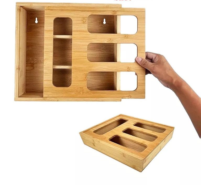 Bamboo Ziplock Bag Storage Organize Dispenser Kitchen Drawer Food Storage Bag Holders Bamboo Bag Storage