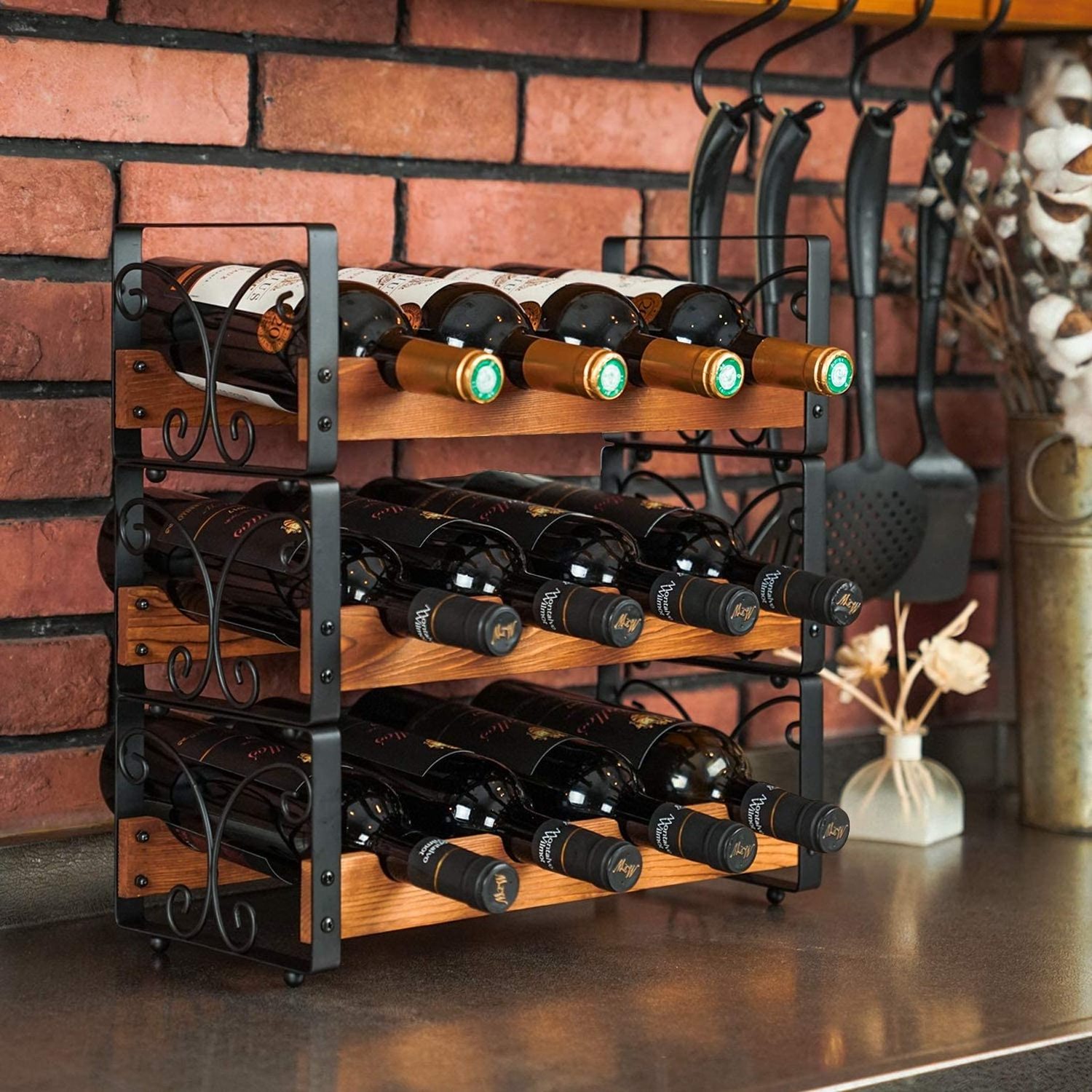 12 bottles stackable wine rack independent 3-layer storage rack table wine rack solid wood and iron