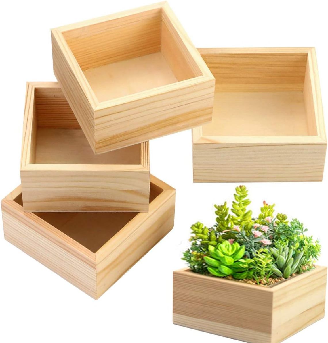 4 Pack Unfinished Wooden Box Rustic Small Wood Square Storage Organizer wood Container Craft Box