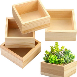 4 Pack Unfinished Wooden Box Rustic Small Wood Square Storage Organizer wood Container Craft Box