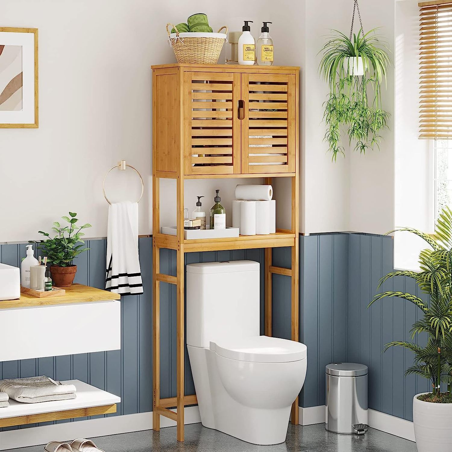 Over The Toilet Storage Cabinet Tall Bathroom Cabinet Organizer with Cupboard Adjustable Shelves