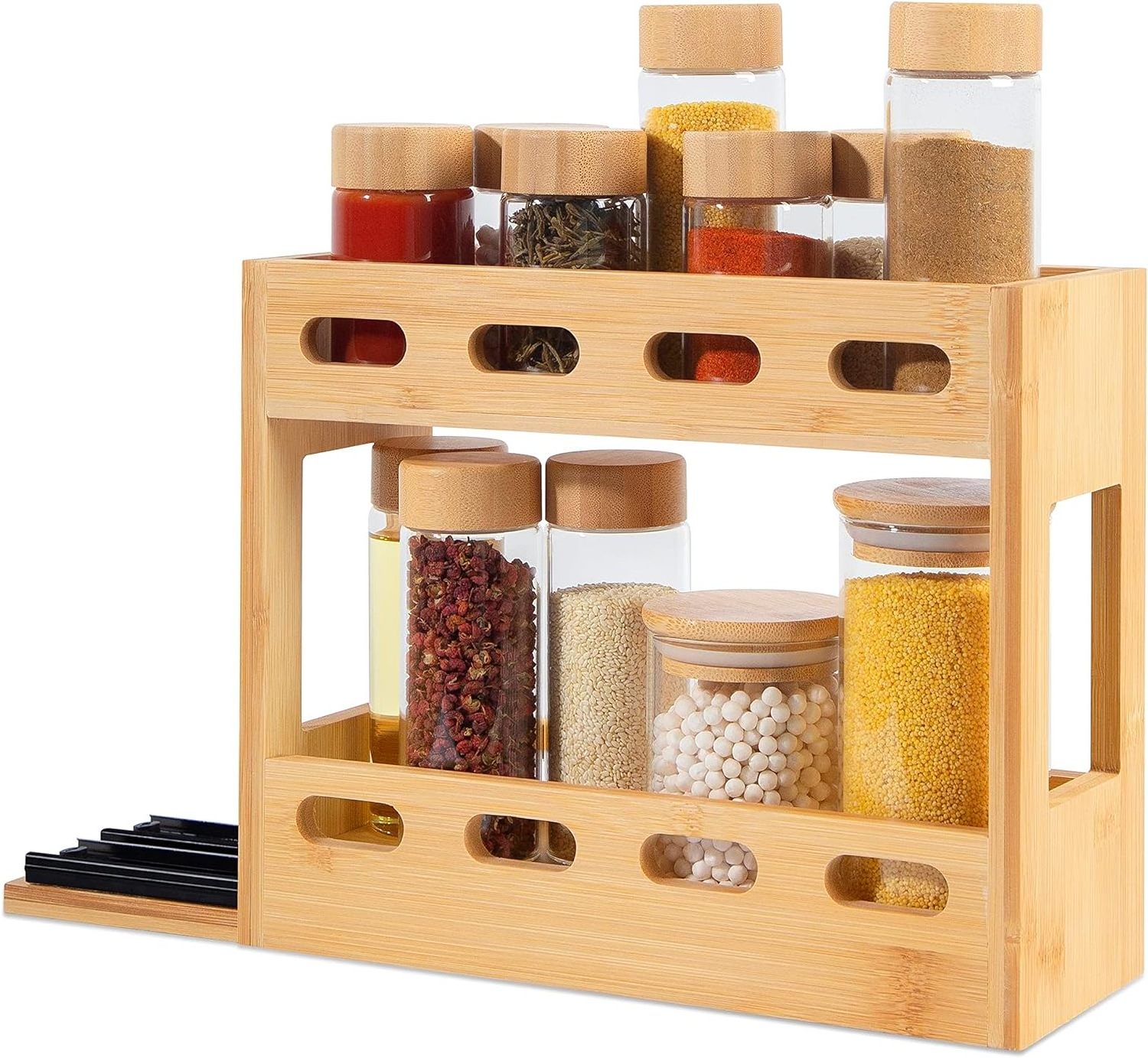 wooden seasoning spice jar rack organizer kitchen 2 tier bamboo sliding pull out spice rack organizer for cabinet