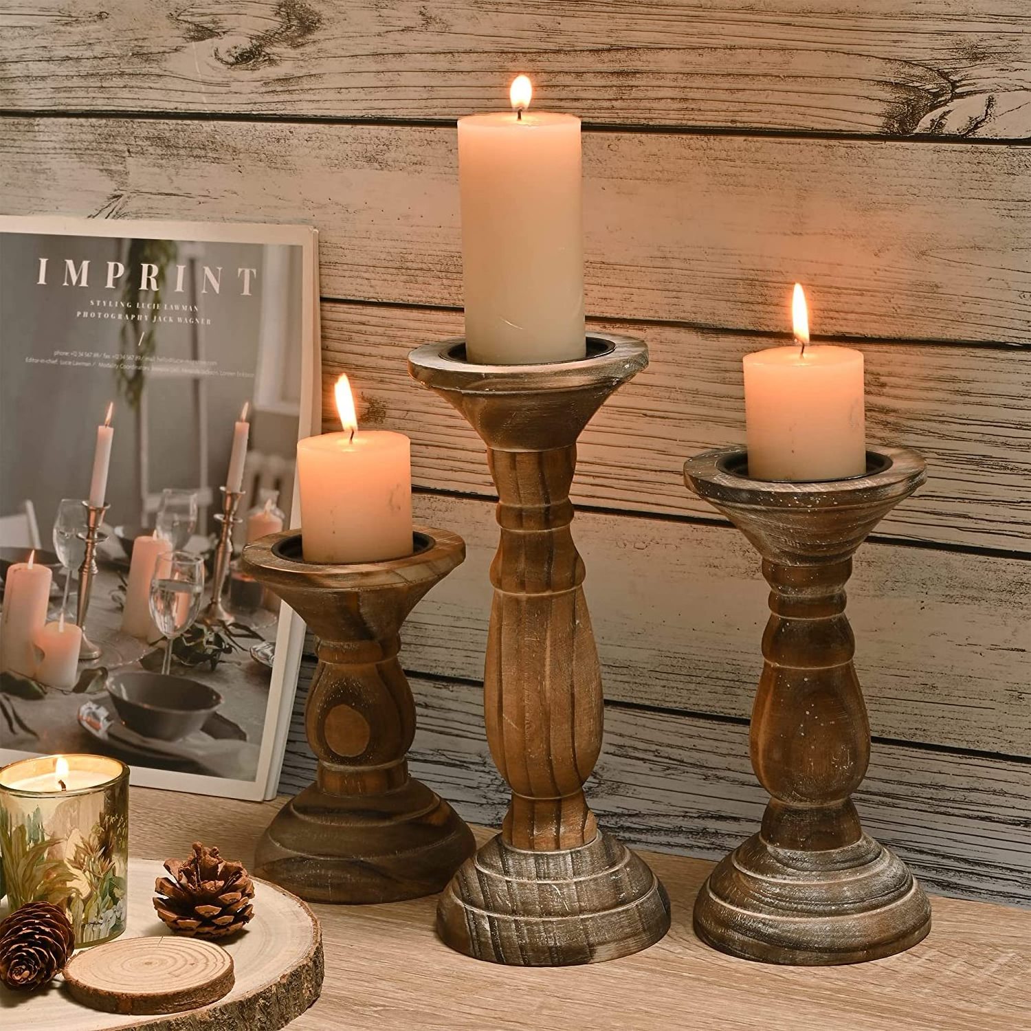 Wood Candle Holders Pillar Candle Holder Set Rustic Wooden Candle Holders Pillar Stand for Table