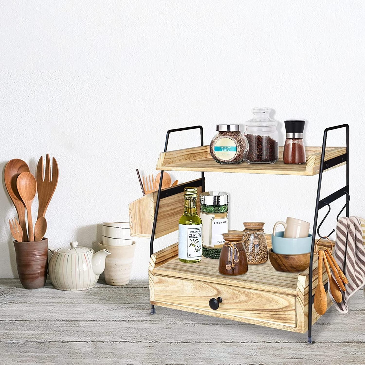 custom 2 Tier Kitchen Counter Shelf Organizer Coffee Bar station capsule Organizer with Drawer and Coffee Filter Holder