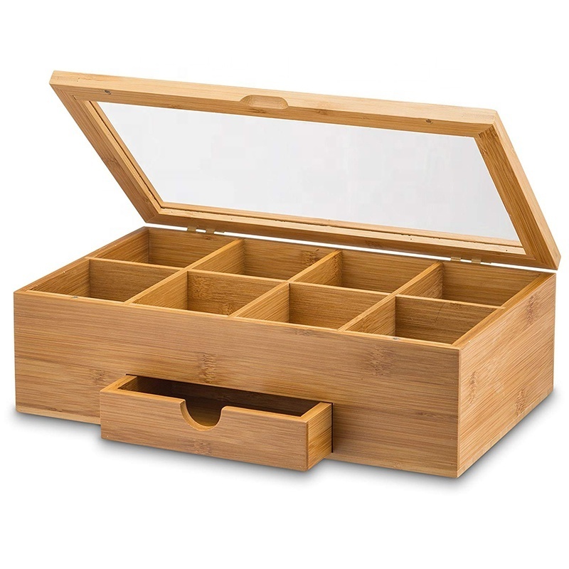 Custom made high-grade bamboo tea box organizer natural 8 wooden tea box with small drawer in storage room