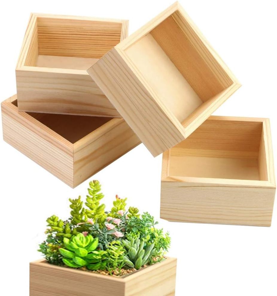 4 Pack Unfinished Wooden Box Rustic Small Wood Square Storage Organizer wood Container Craft Box