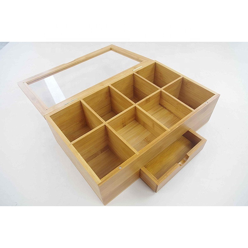 Custom made high-grade bamboo tea box organizer natural 8 wooden tea box with small drawer in storage room