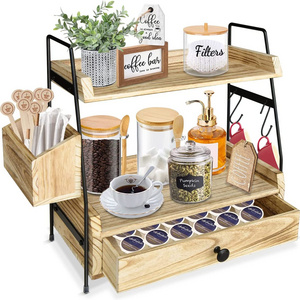 custom 2 Tier Kitchen Counter Shelf Organizer Coffee Bar station capsule Organizer with Drawer and Coffee Filter Holder