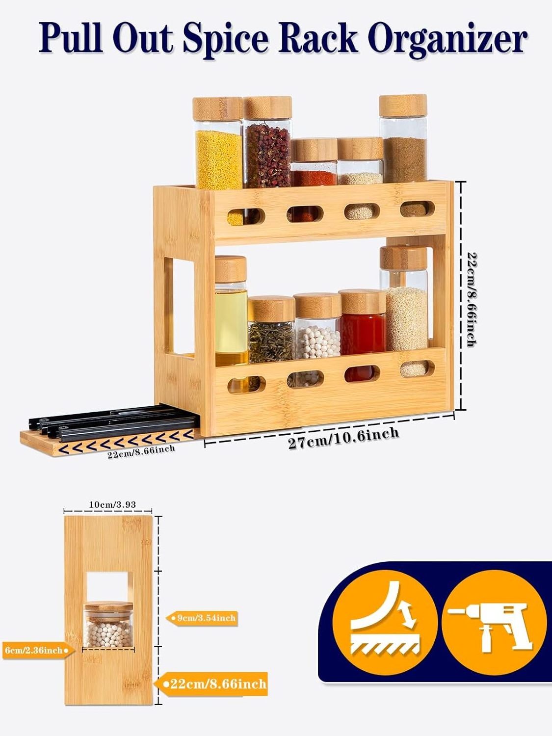 wooden seasoning spice jar rack organizer kitchen 2 tier bamboo sliding pull out spice rack organizer for cabinet