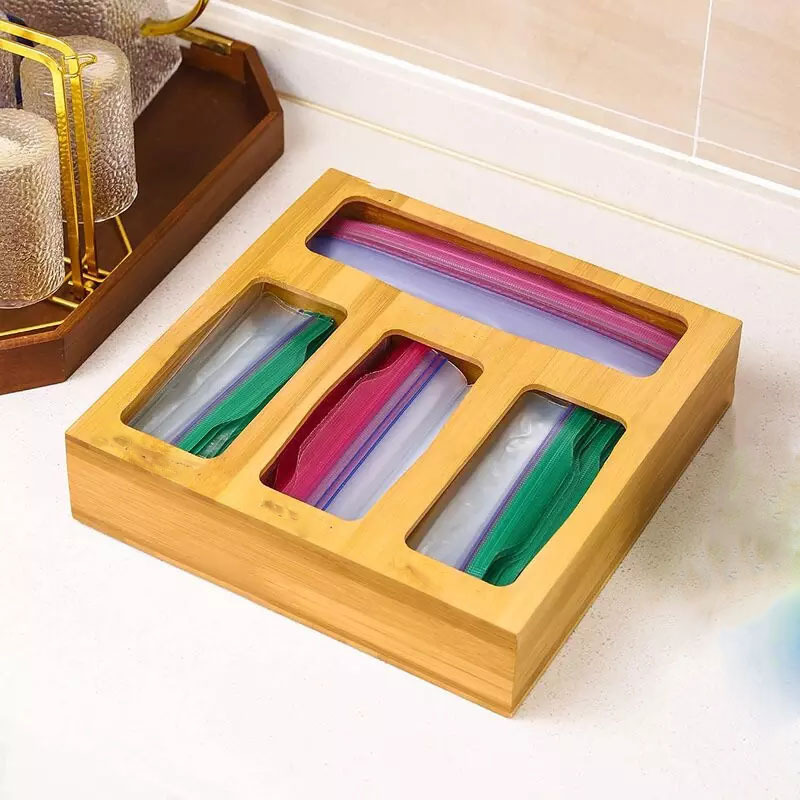 Bamboo Ziplock Bag Storage Organize Dispenser Kitchen Drawer Food Storage Bag Holders Bamboo Bag Storage