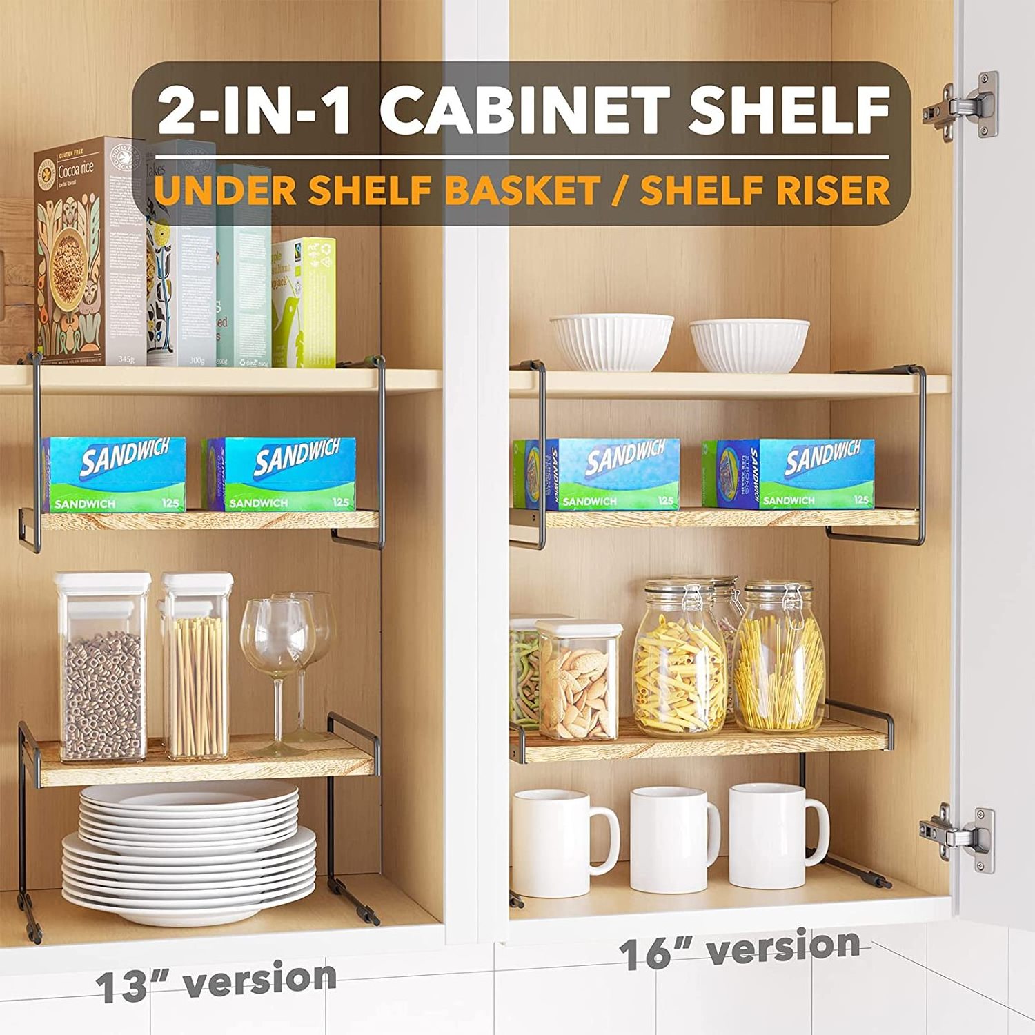 custom Pantry Cupboard Organization Kitchen Counter Organizer Rack Under Shelves Riser 2 Pack wooden Cabinet storage Shelf