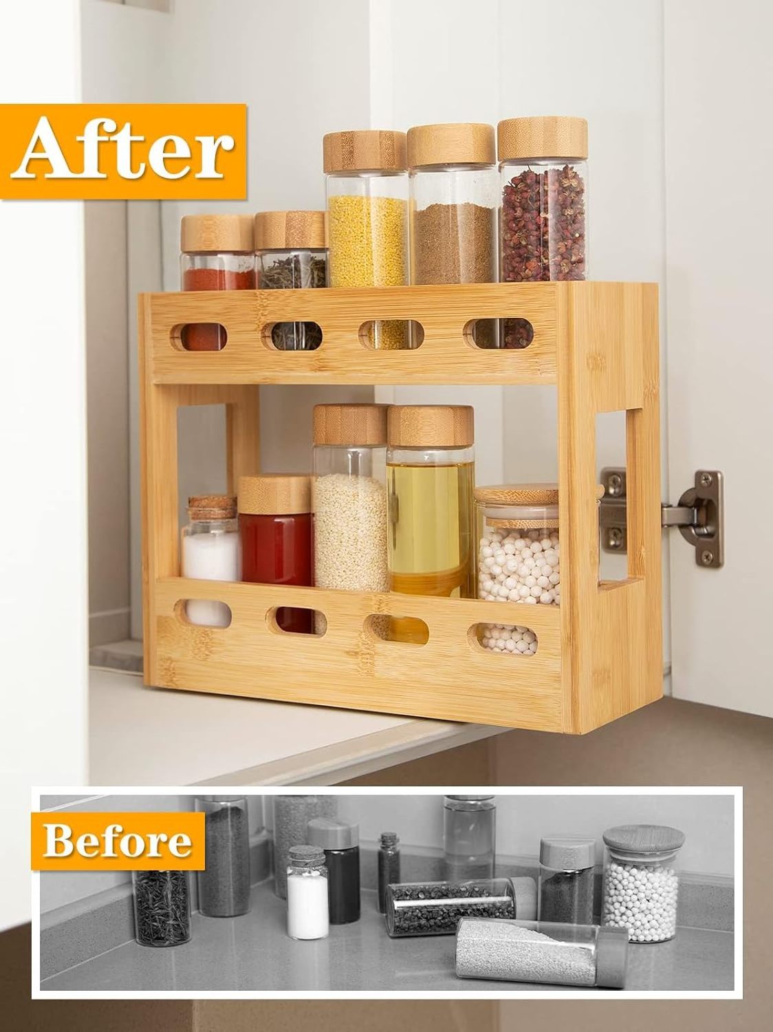 wooden seasoning spice jar rack organizer kitchen 2 tier bamboo sliding pull out spice rack organizer for cabinet