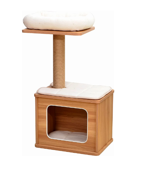 wholesale Sturdy Cat furniture real wood Cat play House wooden cat scratching tree with hammock