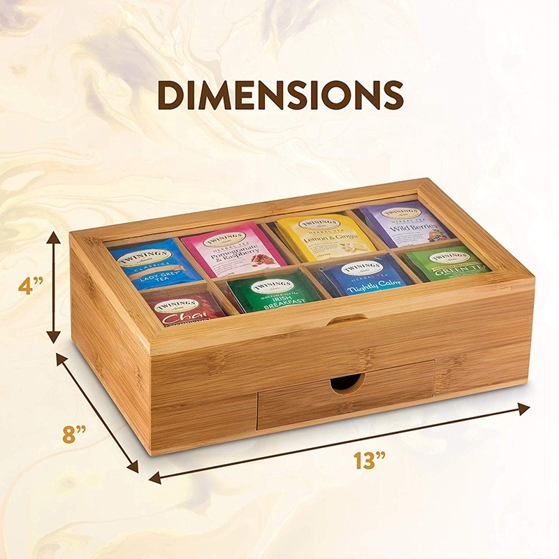 Custom made high-grade bamboo tea box organizer natural 8 wooden tea box with small drawer in storage room