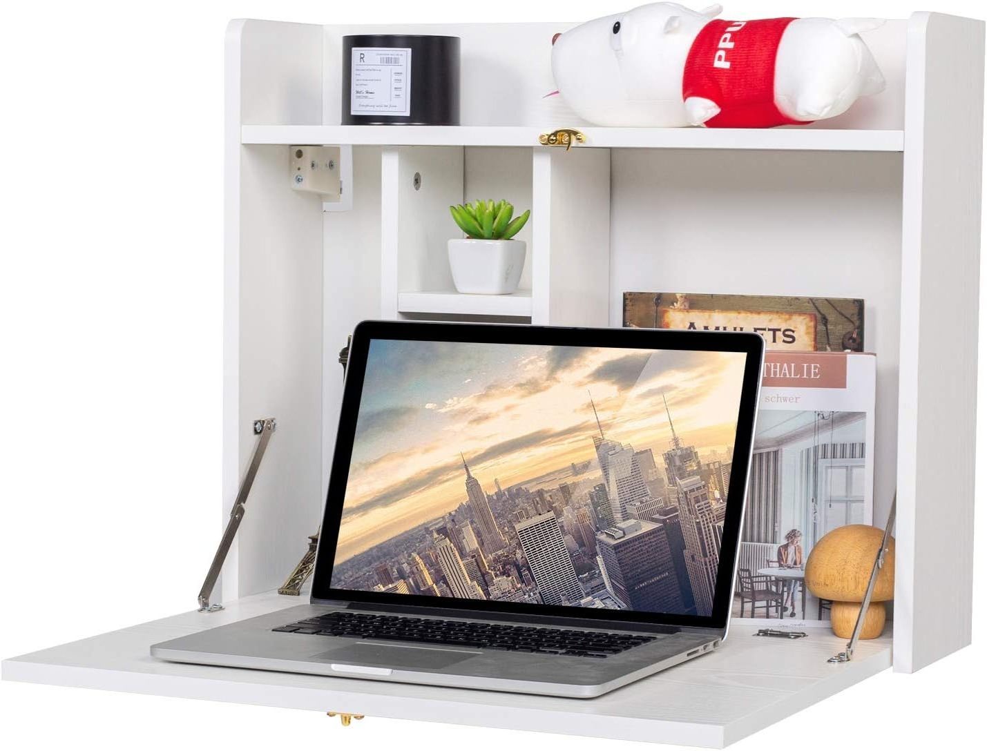 Wooden wall hanging desk Multi functional folding wall hanging laptop desk with storage rack Suitable for home office