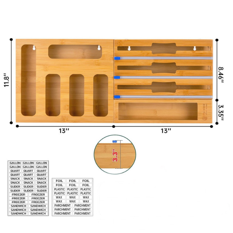 Kitchen 9 IN 1 Wooden Drawer Organizers With Plastic Foil Wrap Dispenser Holder Bamboo Ziplock Bag Storage Organizer